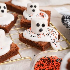 close up of ghost brownies with sprinkles