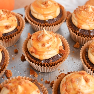 angled shot of chocolate pumpkin cupcakes