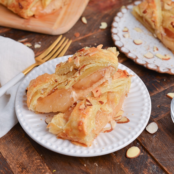 angled shot of slices of apple strudel on plate