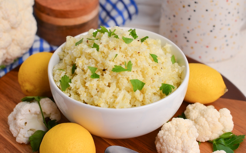 angled shot of bowl of cauliflower rice