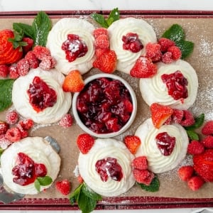 overhead shot of meringue wreath on baking sheet