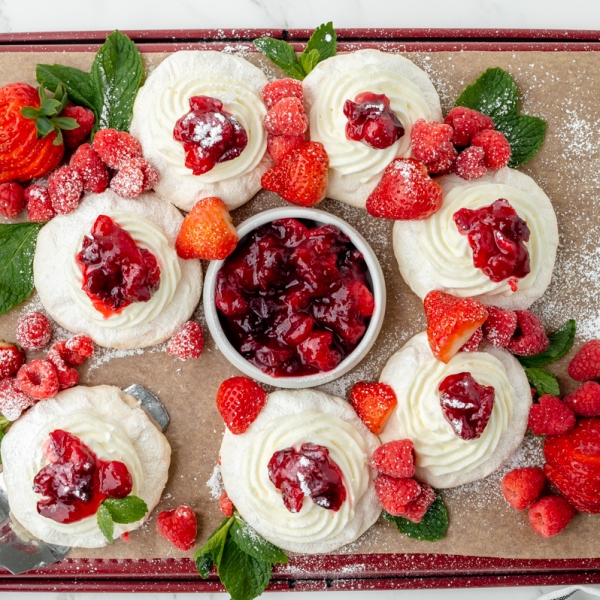 overhead shot of meringue wreath on baking sheet