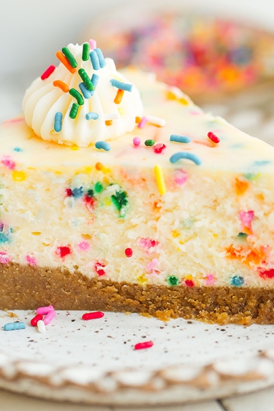 thick slice of birthday cheesecake with rainbow sprinkles