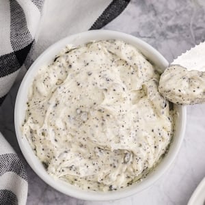 overhead close up shot of truffle butter in bowl