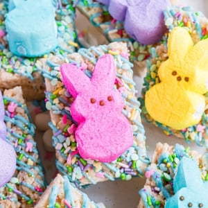 peep rice krispie treats on a white tray