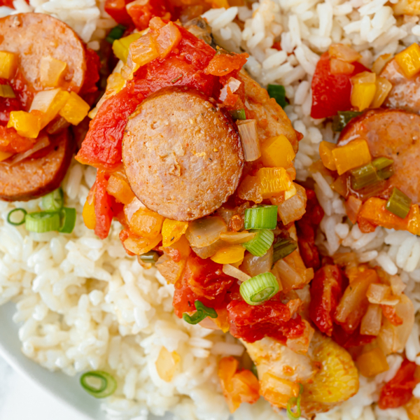 overhead close up shot of creole chicken over rice