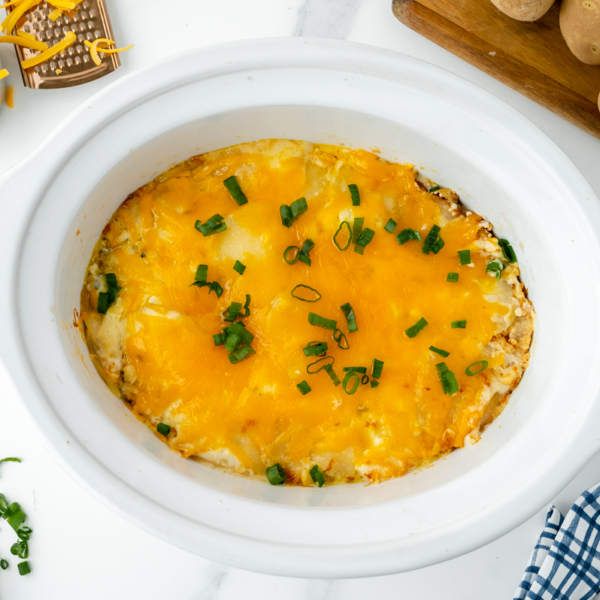 overhead shot of cooked slow cooker potatoes au gratin