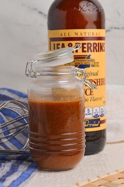 straight on shot of jar of homemade worcestershire sauce
