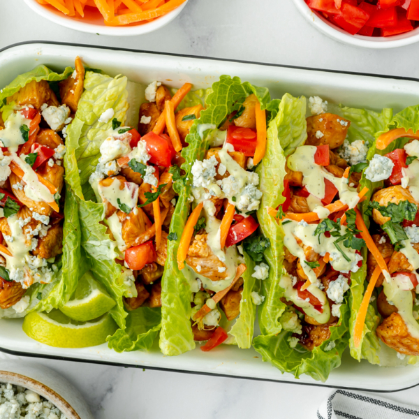 overhead shot of tray of bbq chicken lettuce wraps