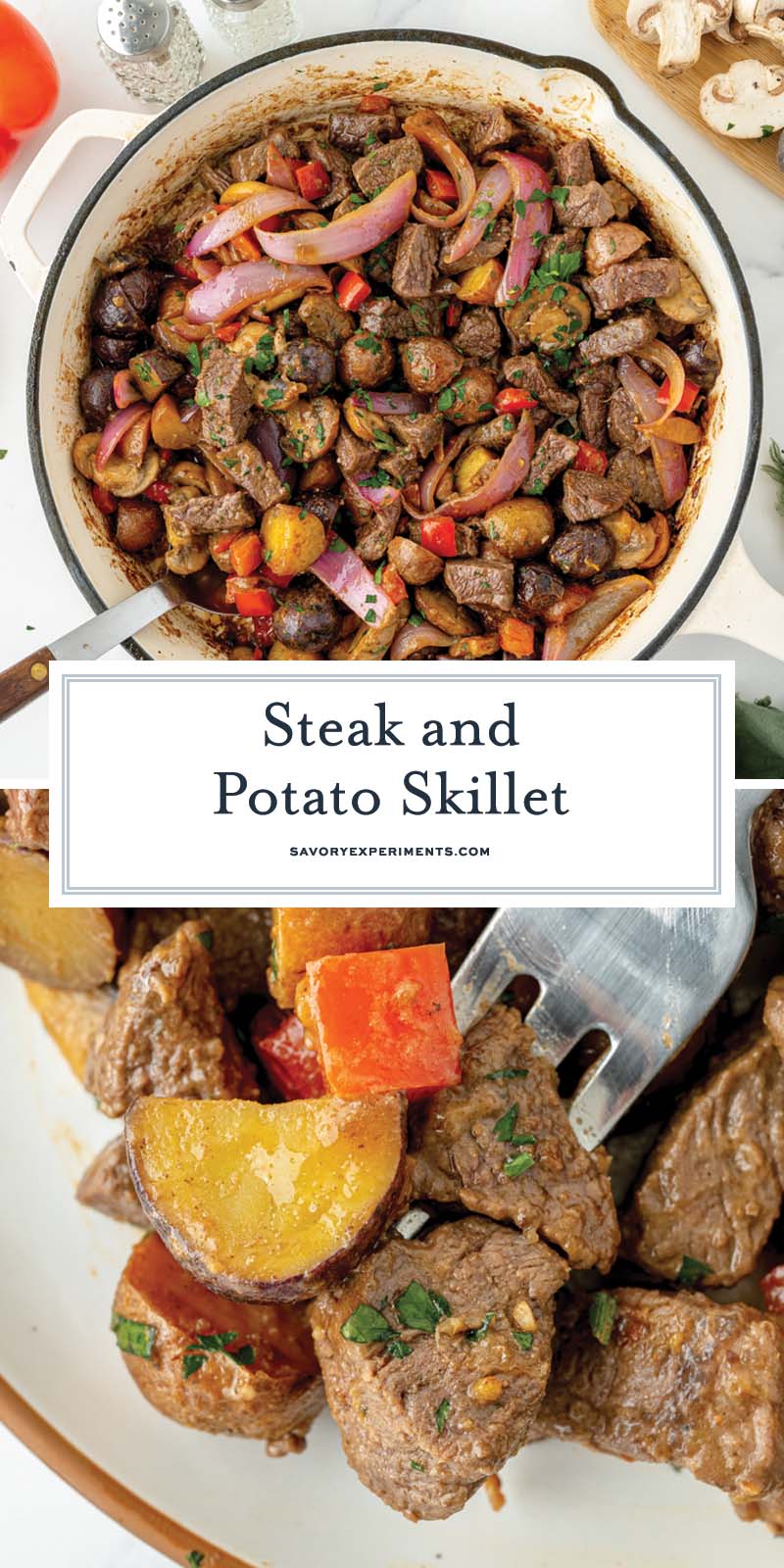 collage of steak and potato skillet