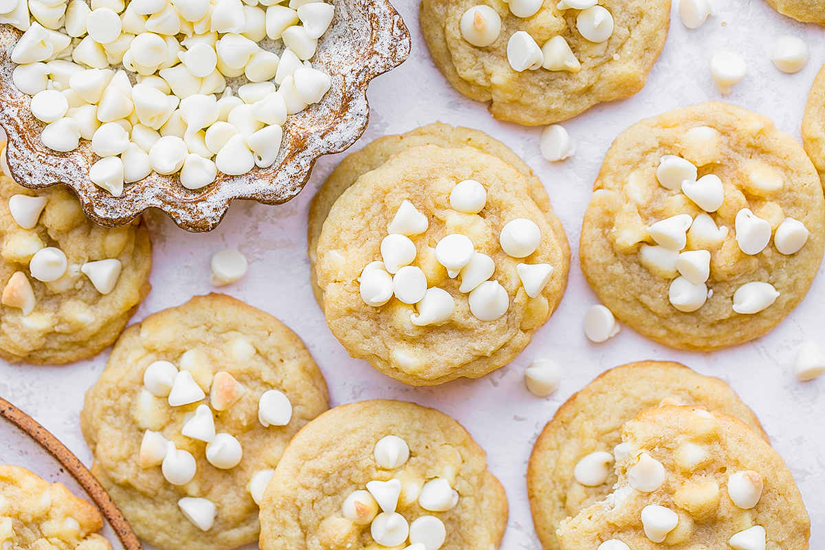 close up overhead shot of white chocolate chip cookies