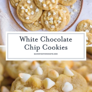 collage of white chocolate chip cookies