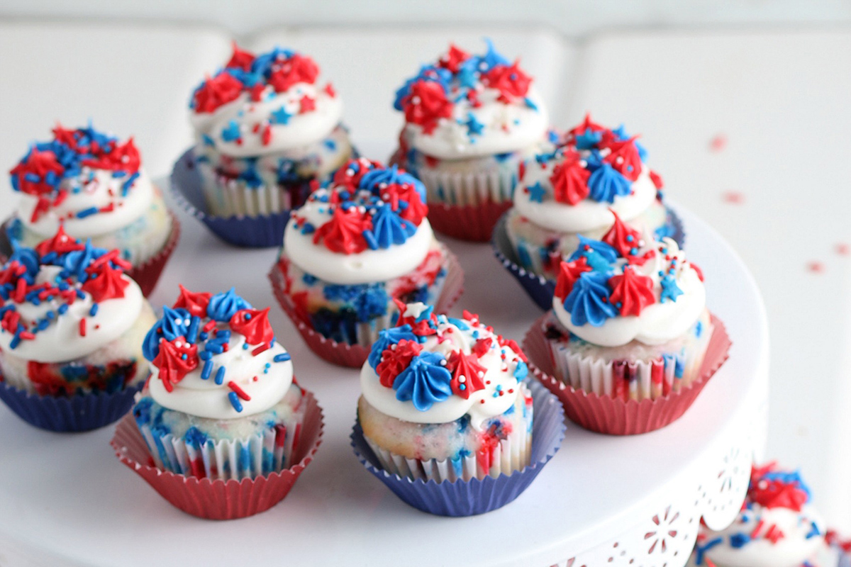 mini 4th of july cupcakes on a platter