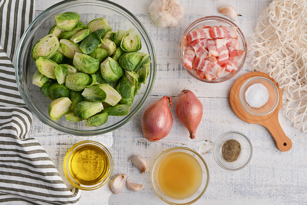 overhead shot of brussels sprouts with bacon ingredients