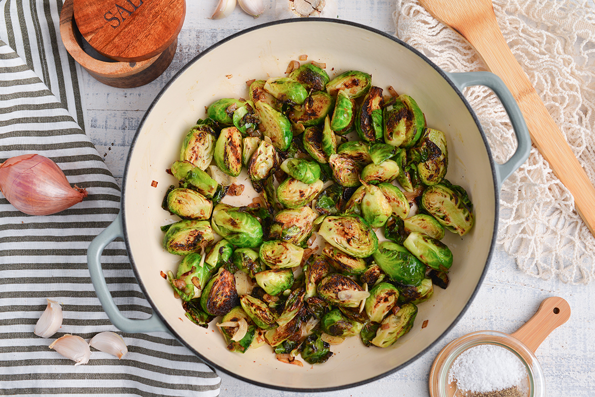 brussels sprouts cooking in pan