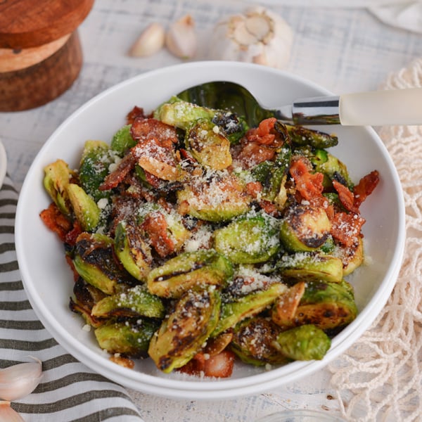 angled shot of bowl of brussels sprouts