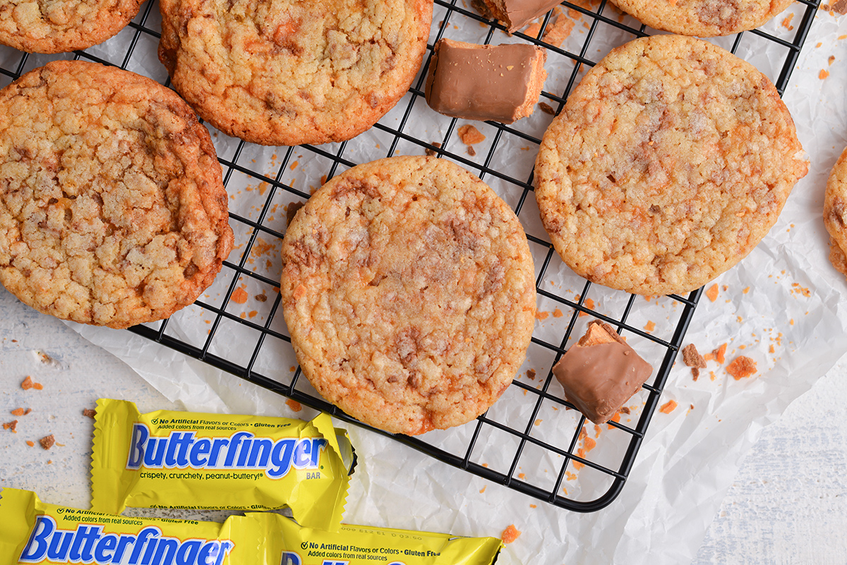overhead shot of butterfinger cookies on cooling rack