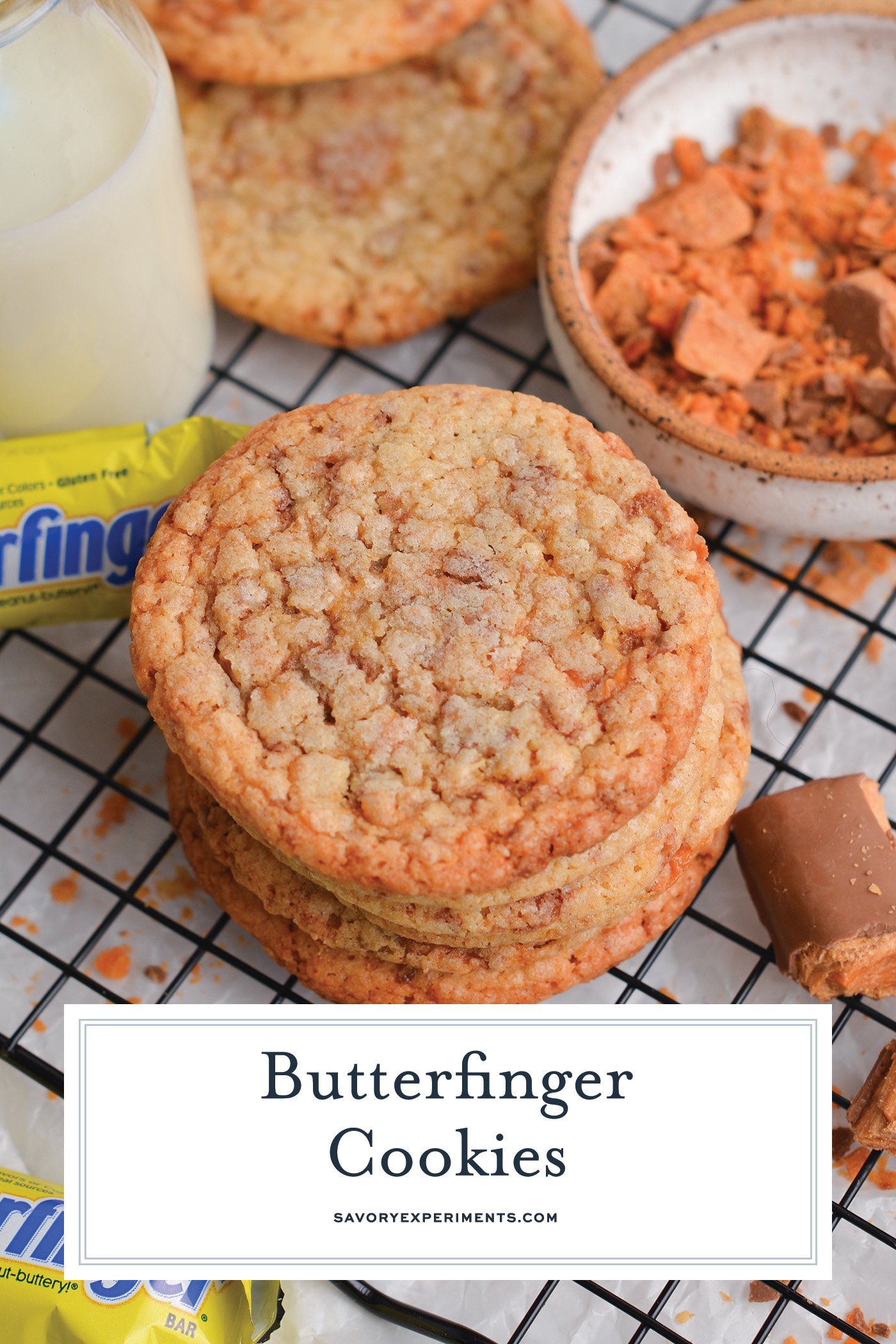 angled shot of stack of butterfinger cookies with text overlay