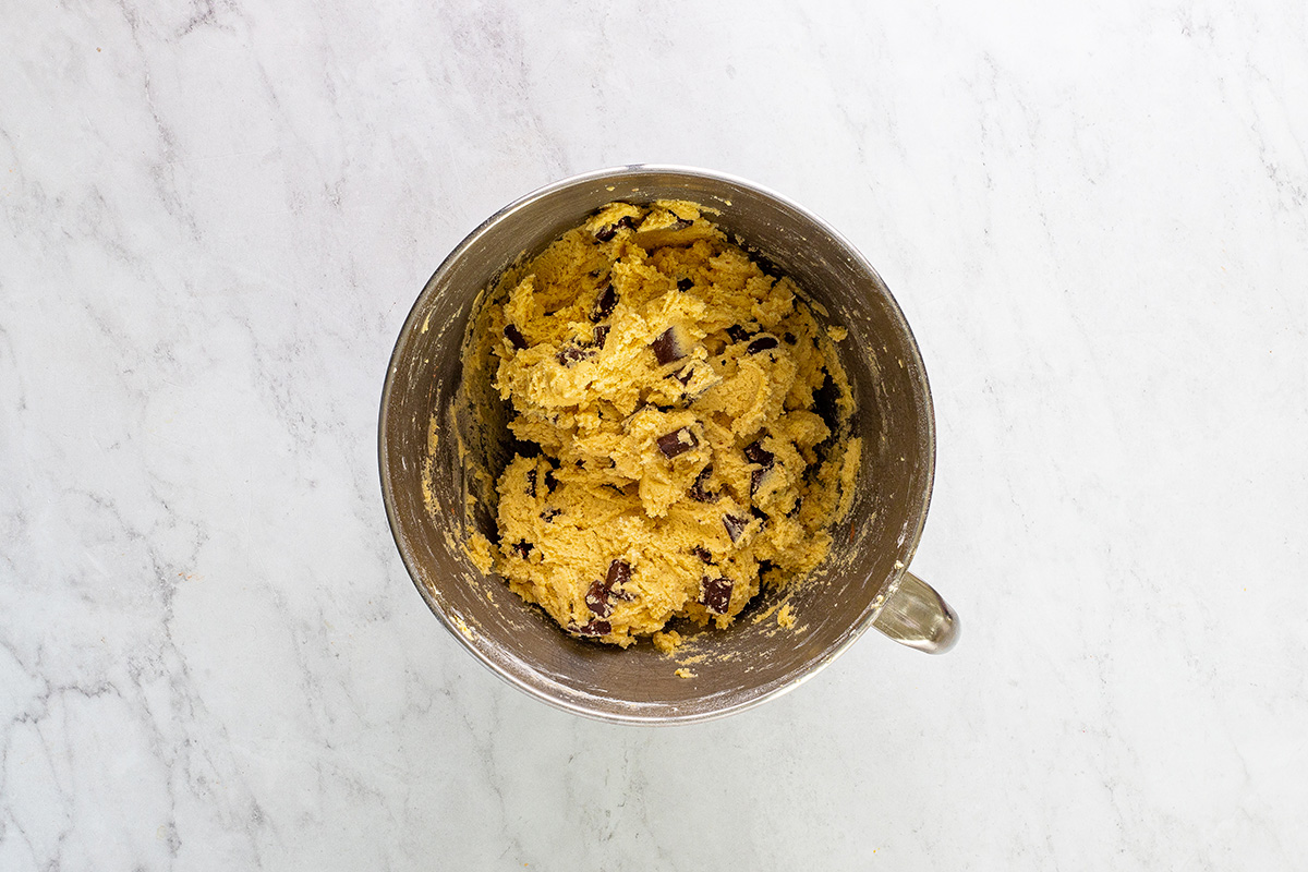 overhead mixing bowl of chocolate chip cookie dough
