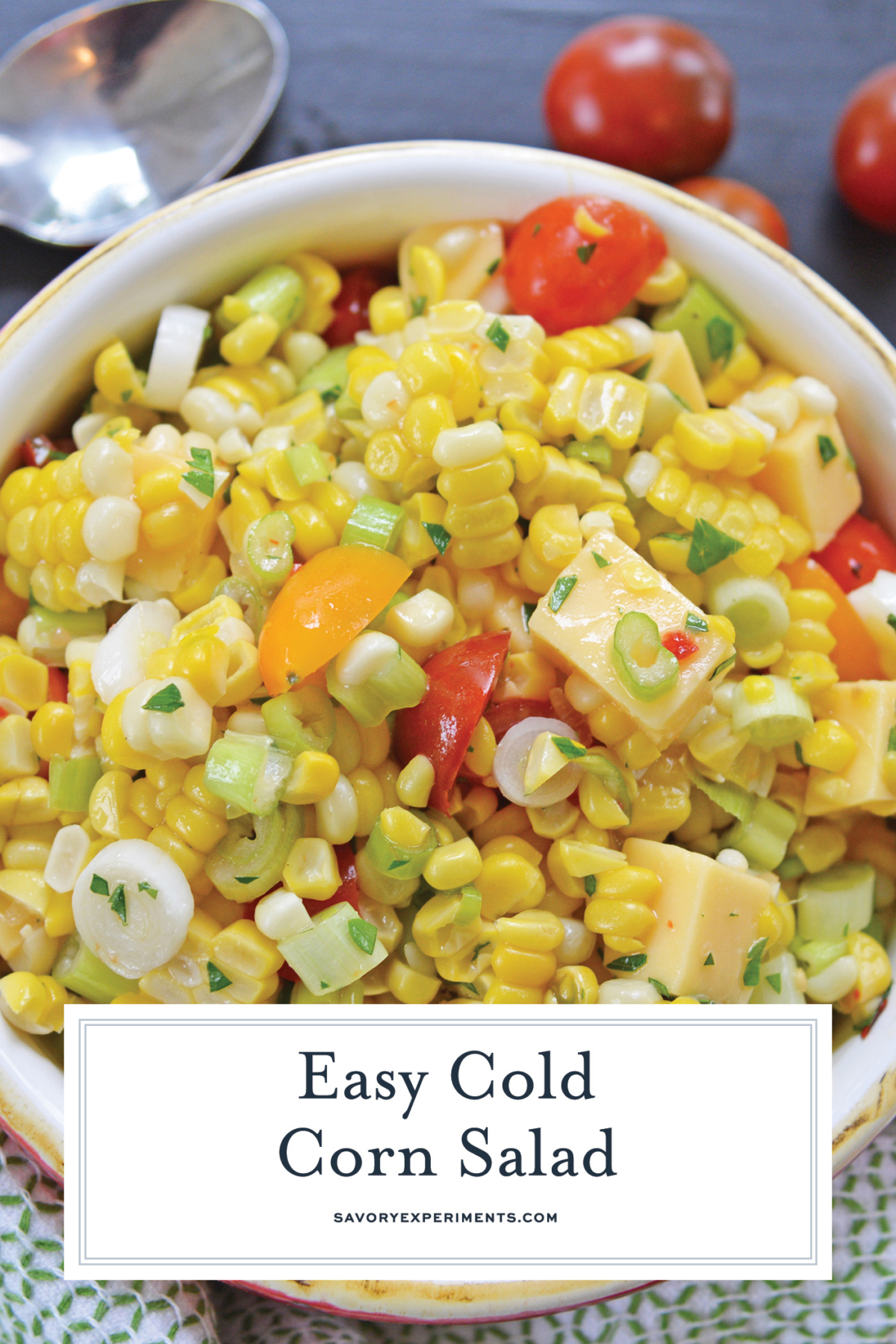 overhead shot of cold corn salad with text overlay