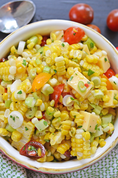 overhead shot of cold corn salad in bowl