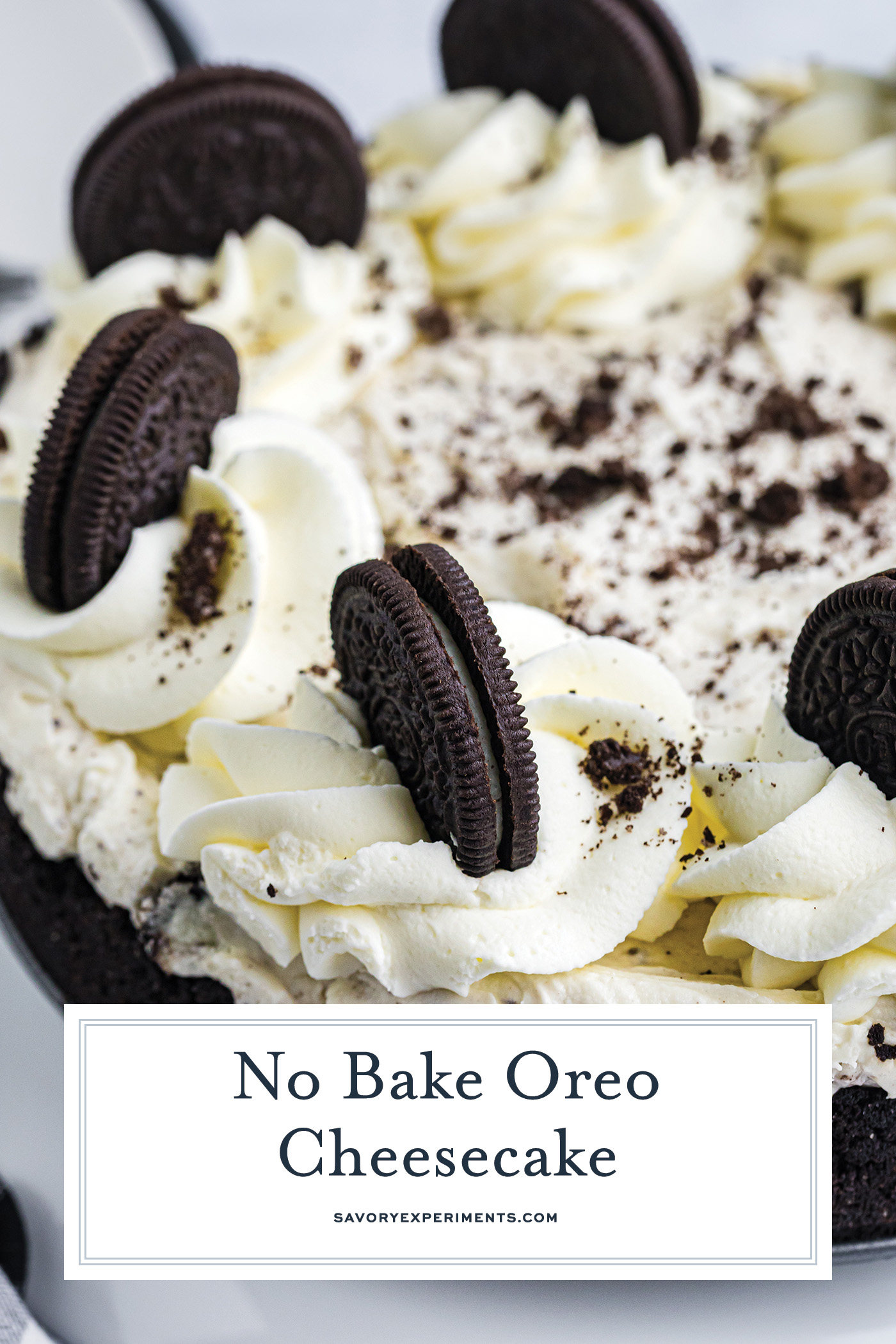 close up angled shot of oreo cheesecake with text overlay