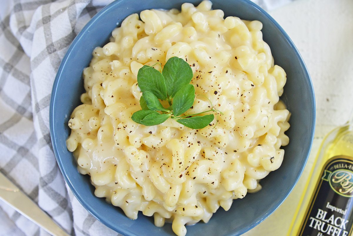 A bowl of truffle mac and cheese