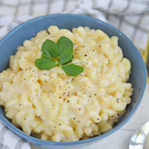 angled shot of bowl of truffle mac and cheese recipe