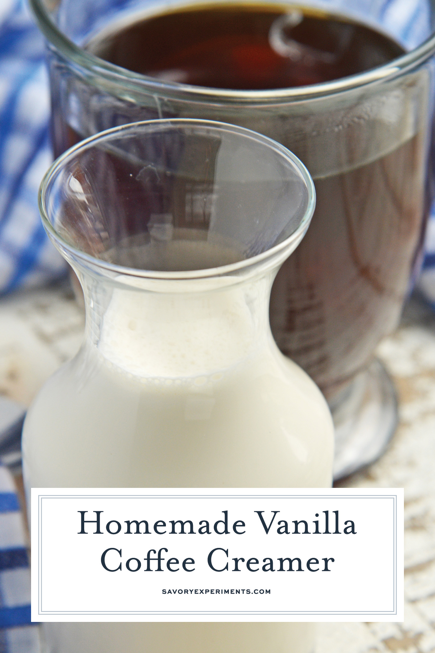 Homemade coffee creamer with cup of coffee with text overlay for pinterest