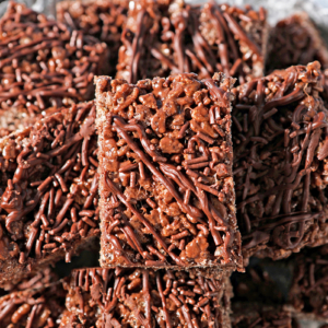 close up of a chocolate rice krispie bar