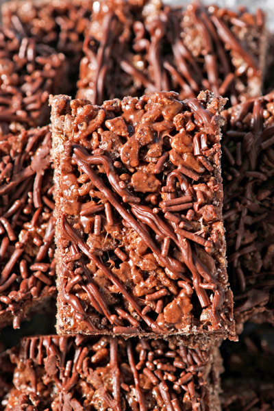 close up of a chocolate rice krispie bar
