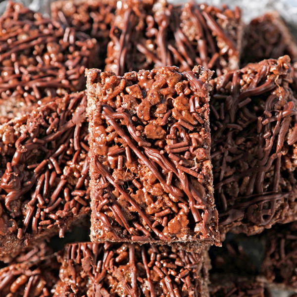 close up of a chocolate rice krispie bar