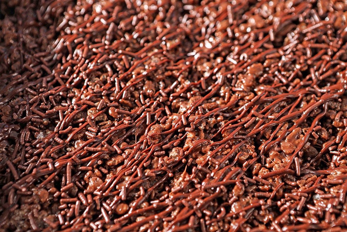 close up of chocolate drizzle topping on chocolate rice krispie treats