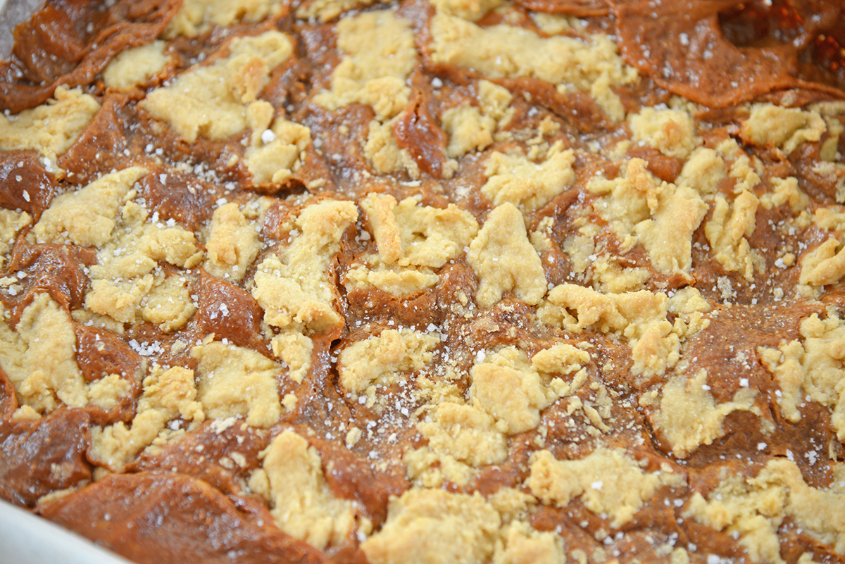 close up shot of dulce de leche bars in a pan