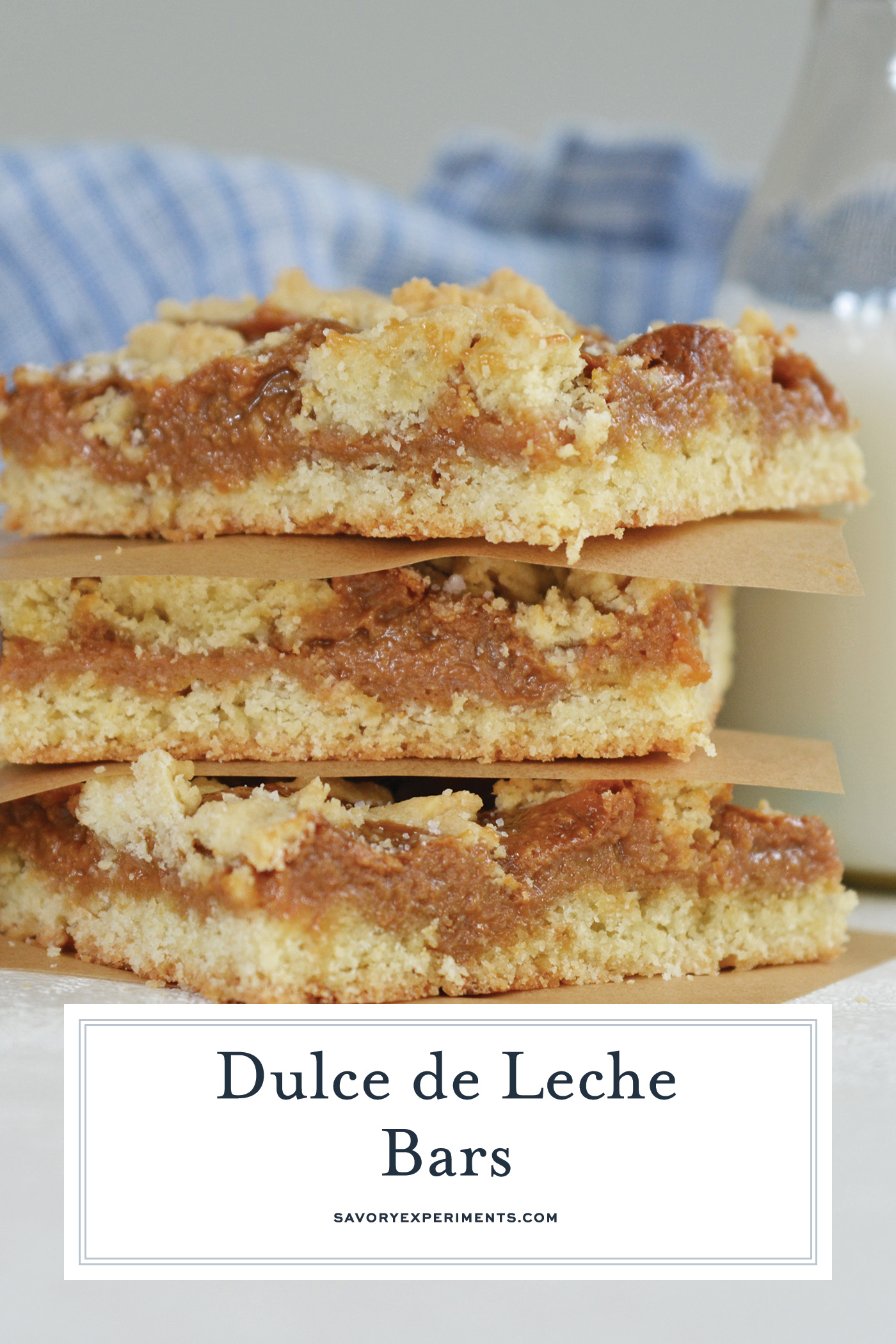 straight on shot of stack of dulce de leche bars with text overlay