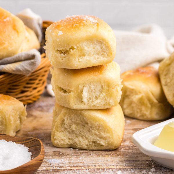 straight on shot of stack of three easy dinner rolls