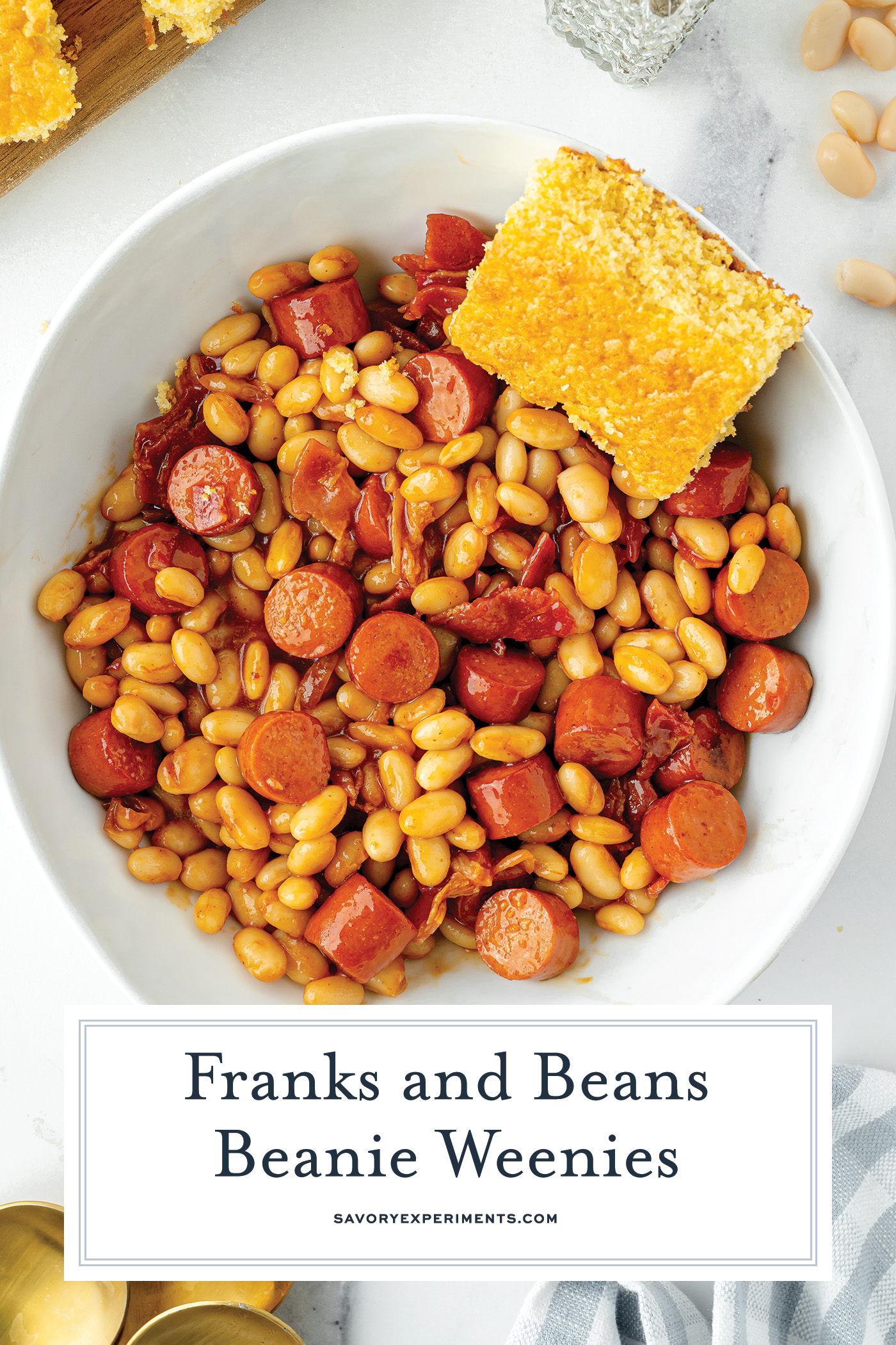 overhead shot of bowl of beanie weenies and cornbread with text overlay