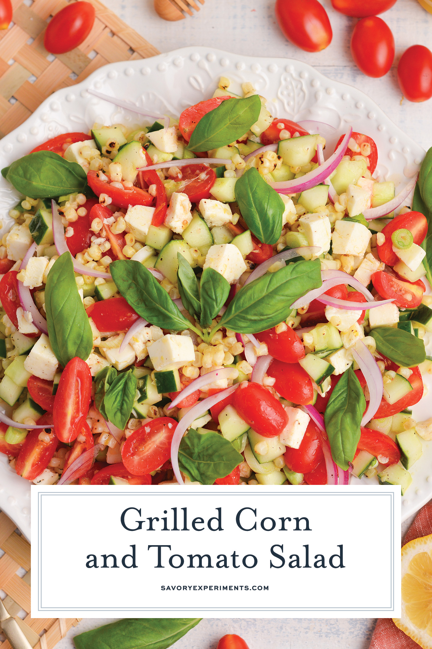 overhead shot of corn and tomato salad with text overlay
