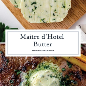 collage of herb butter on a cutting board and on a steak