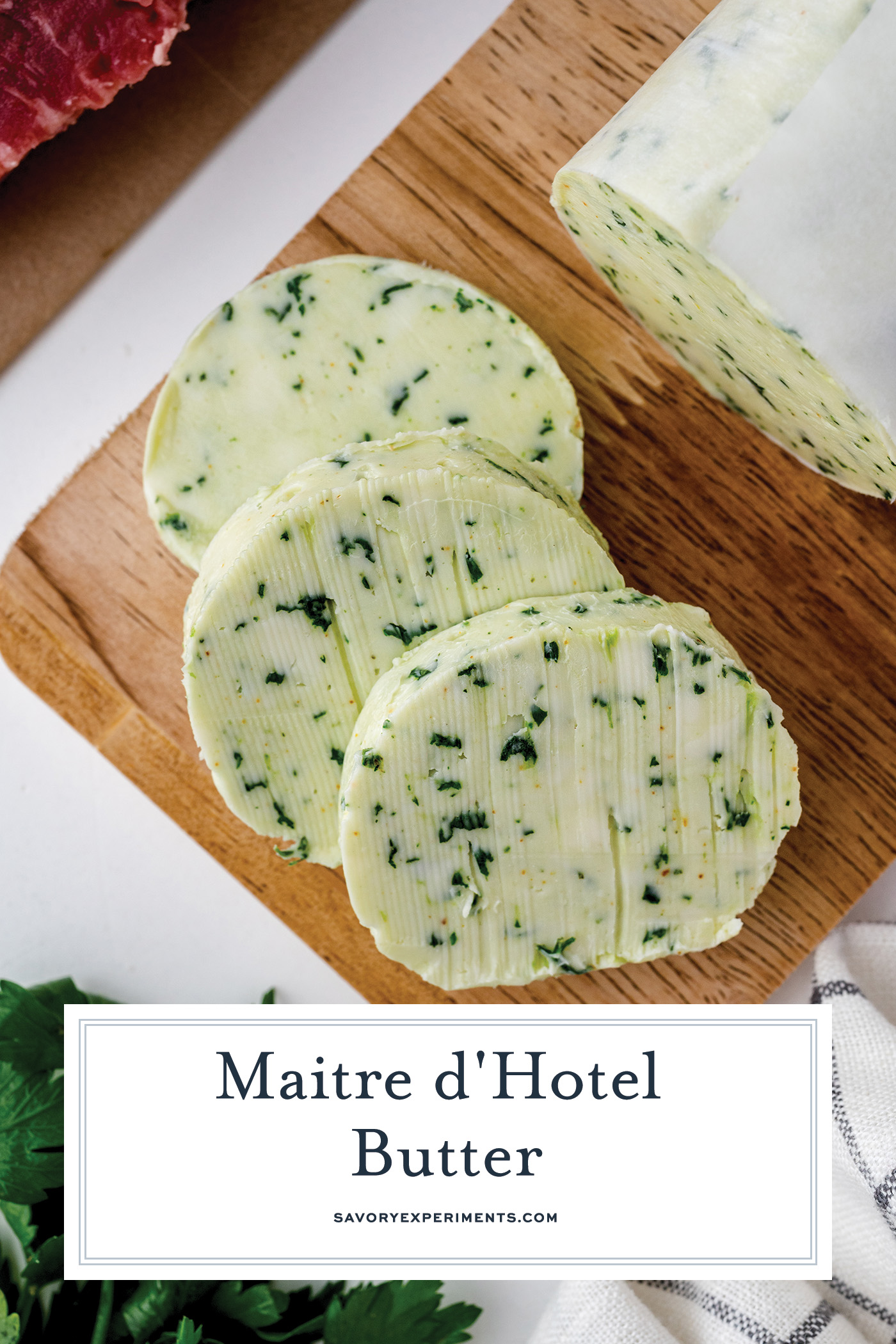 overhead close up of maitre d'hotel butter sliced with text overlay