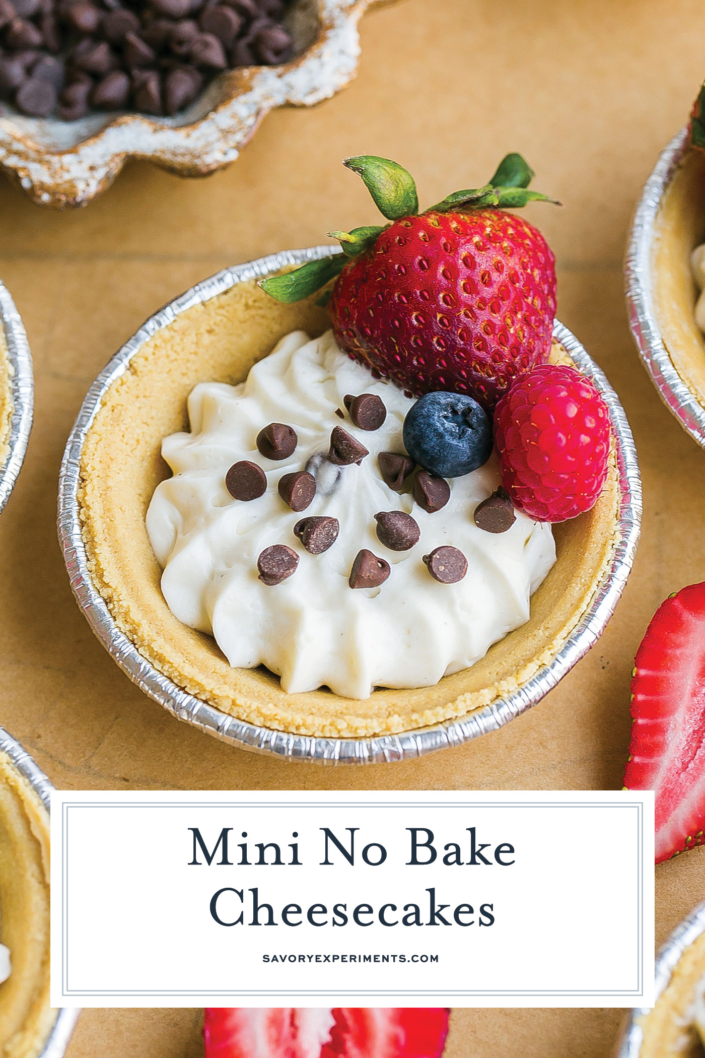 angled shot of mini no bake cheesecake with text overlay