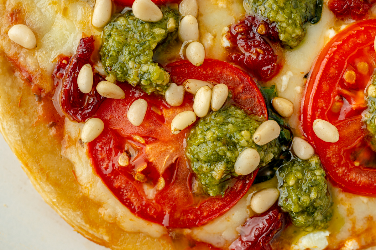 close up overhead shot of pesto pizza recipe