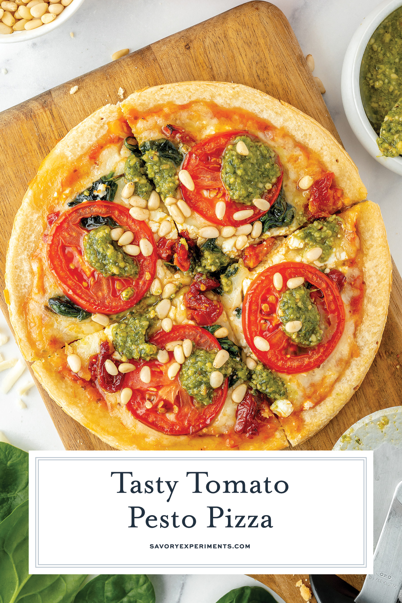 overhead shot of sliced pesto pizza with text overlay