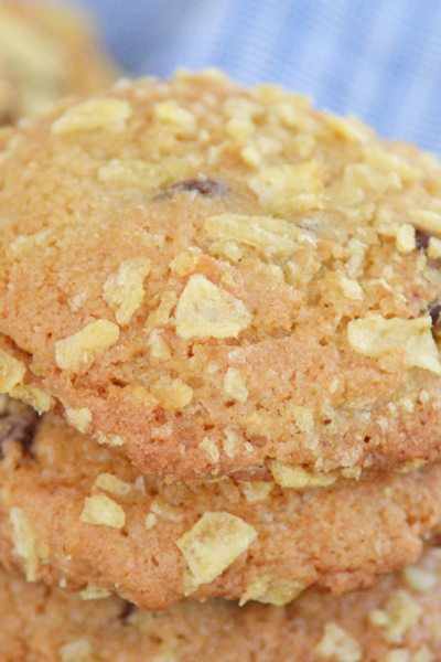 close up of stack of potato chip chocolate chip cookies