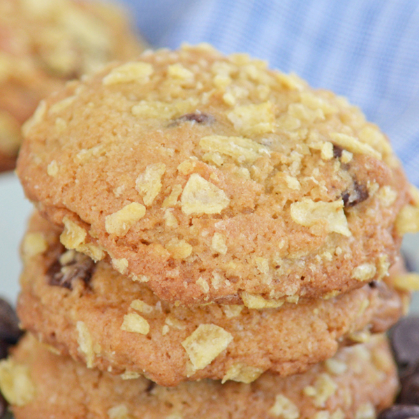 close up of stack of potato chip chocolate chip cookies