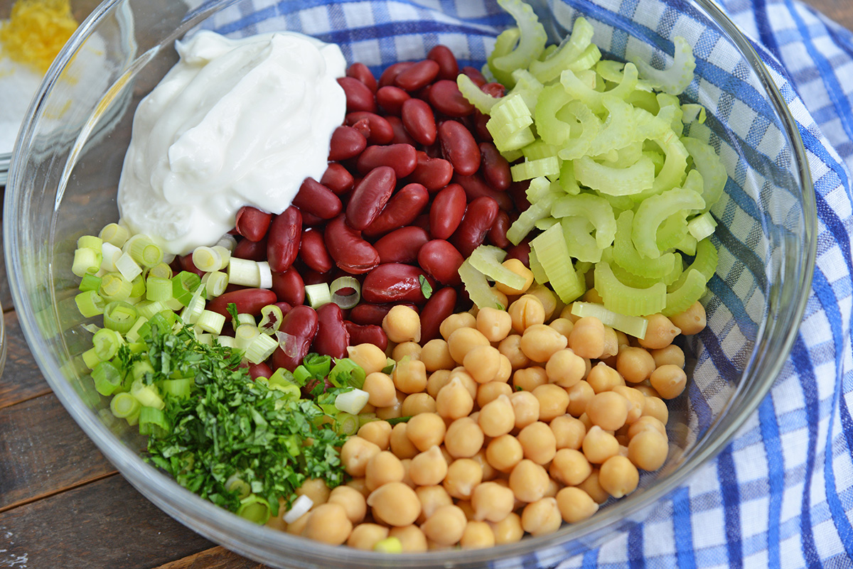 ingredients for red bean salad- red kidney beans, chickpeas, scallions, celery, yogurt, parsley