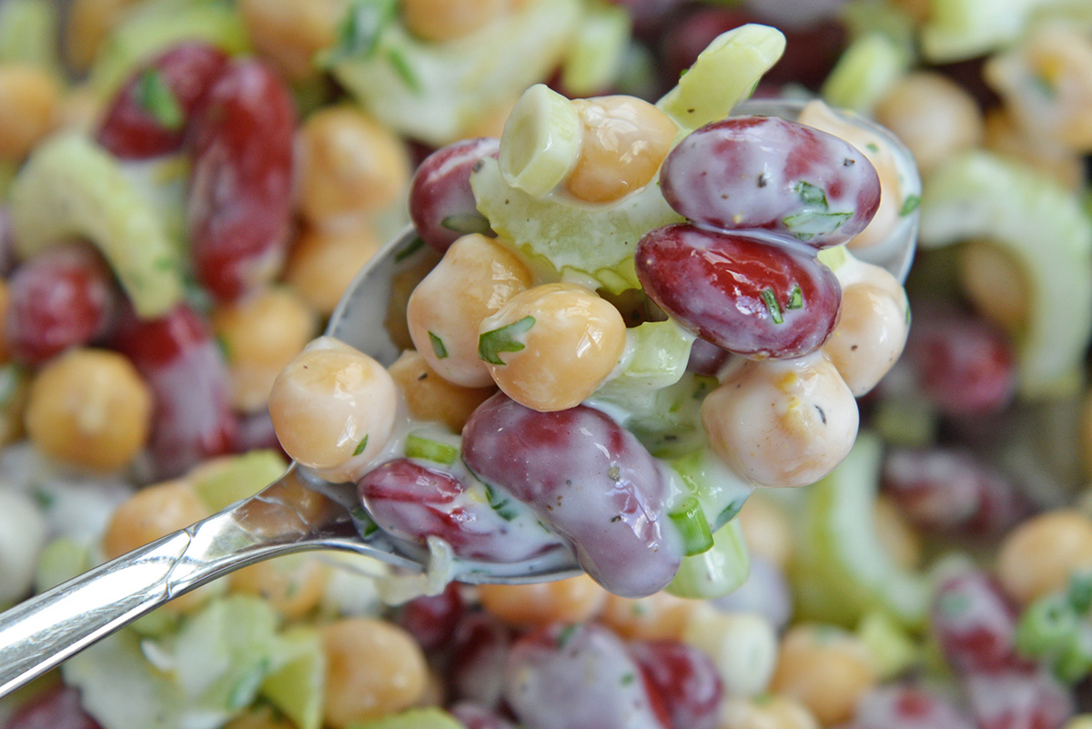close up of old fashioned kidney bean salad recipe in a spoon