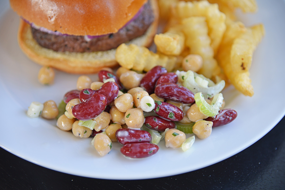 old fashioned kidney bean salad as a side with a hamburger