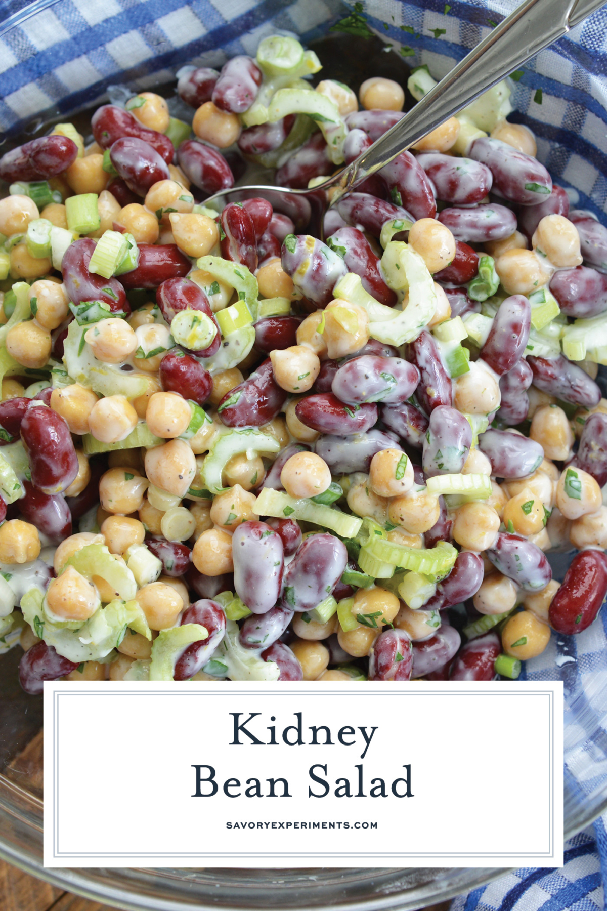 angled shot of kidney bean salad in bowl with text overlay