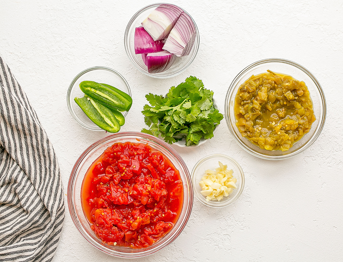 overhead shot of easy salsa recipe ingredients